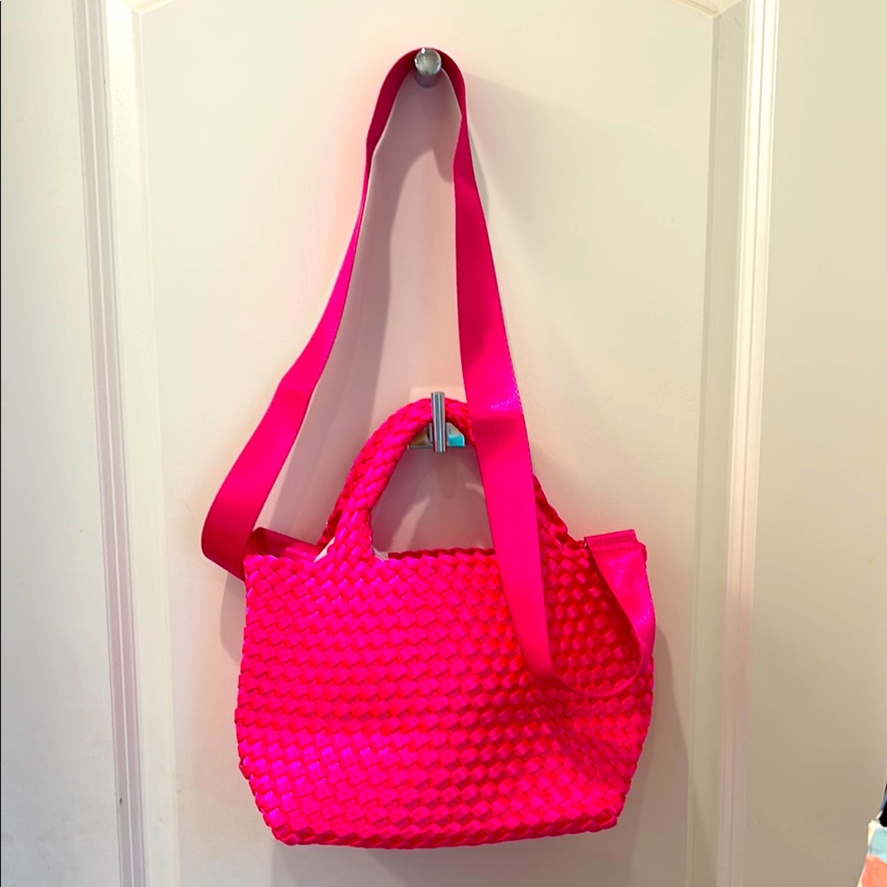 NWT AhDorned hot Pink Woven convertible crossbody/hand Bag